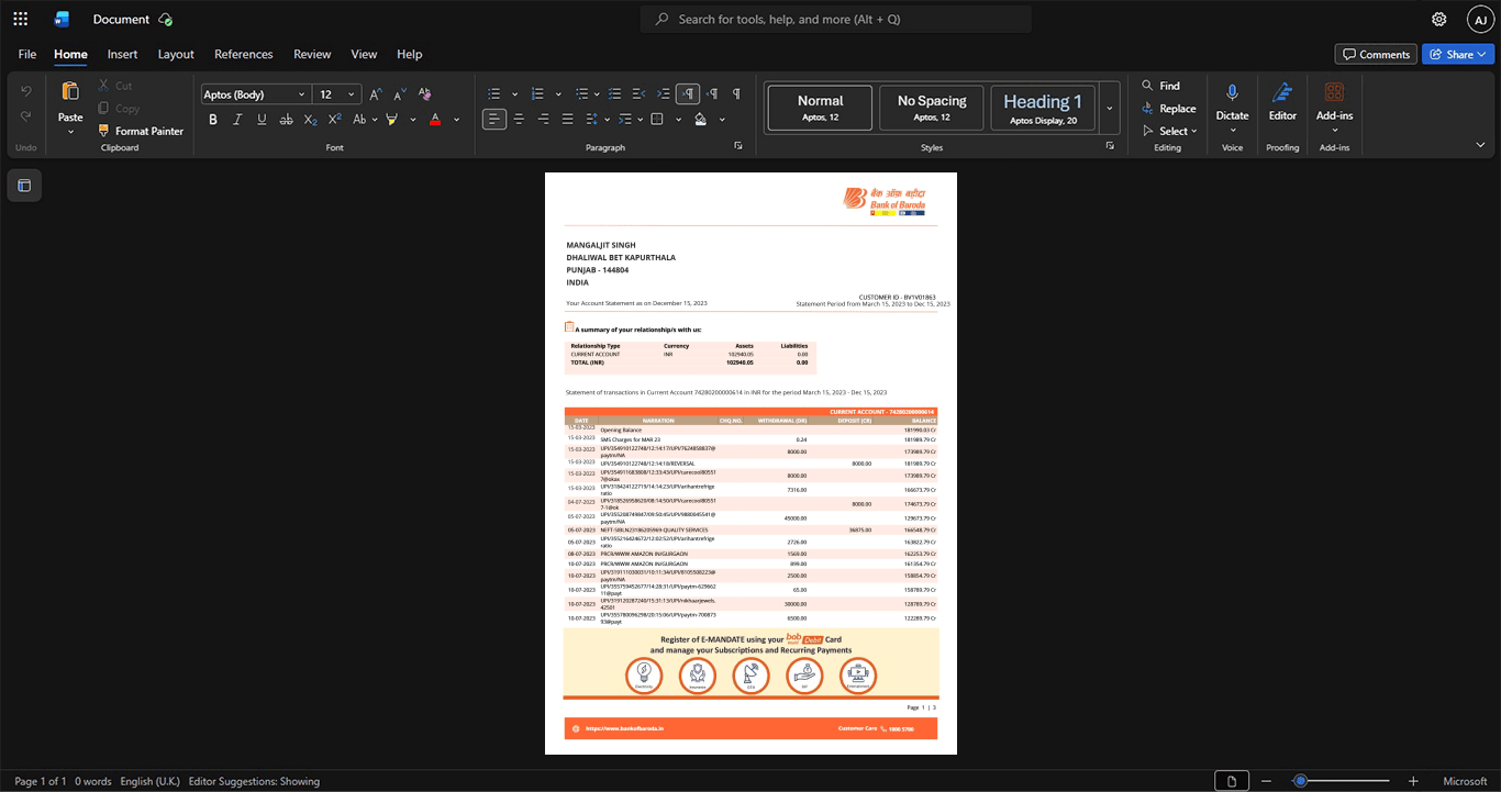 India Bank of Baroda Bank Statement Template, Customizable layout available in Word and PDF