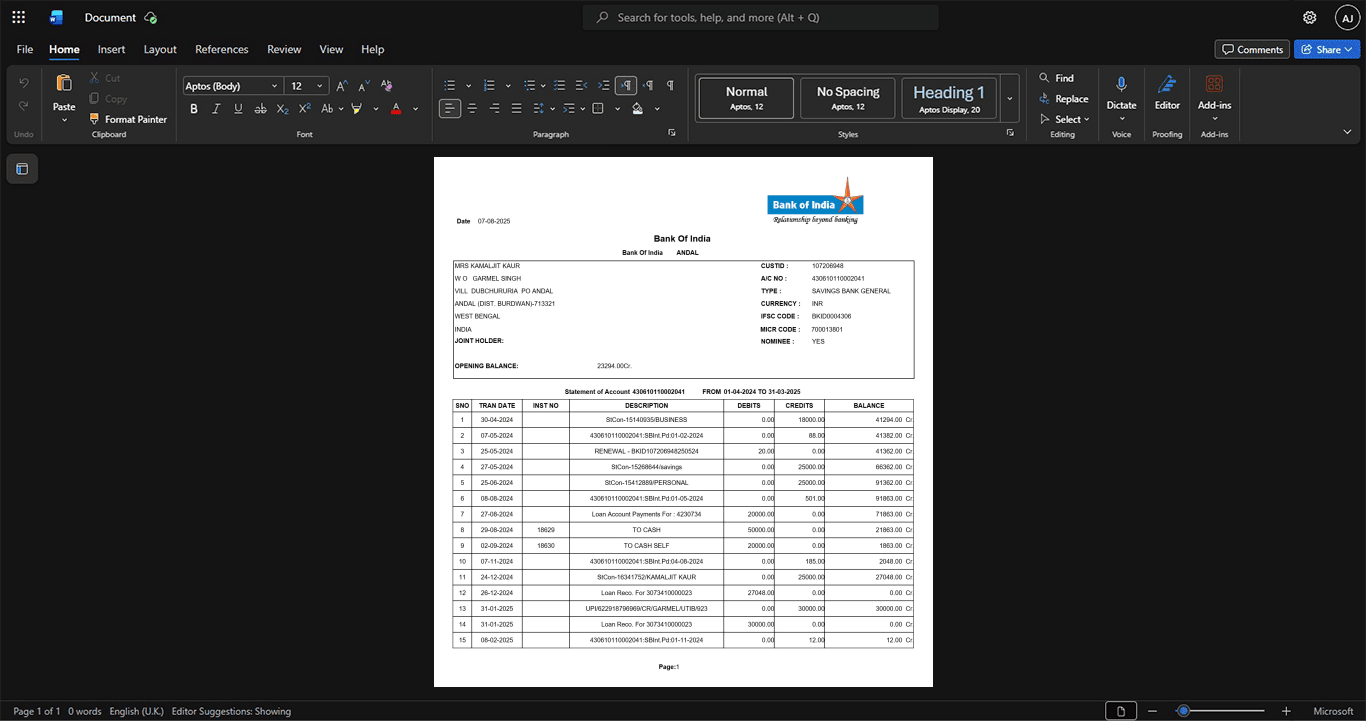India Bank of India Bank Statement Template, Available in editable Word and PDF format