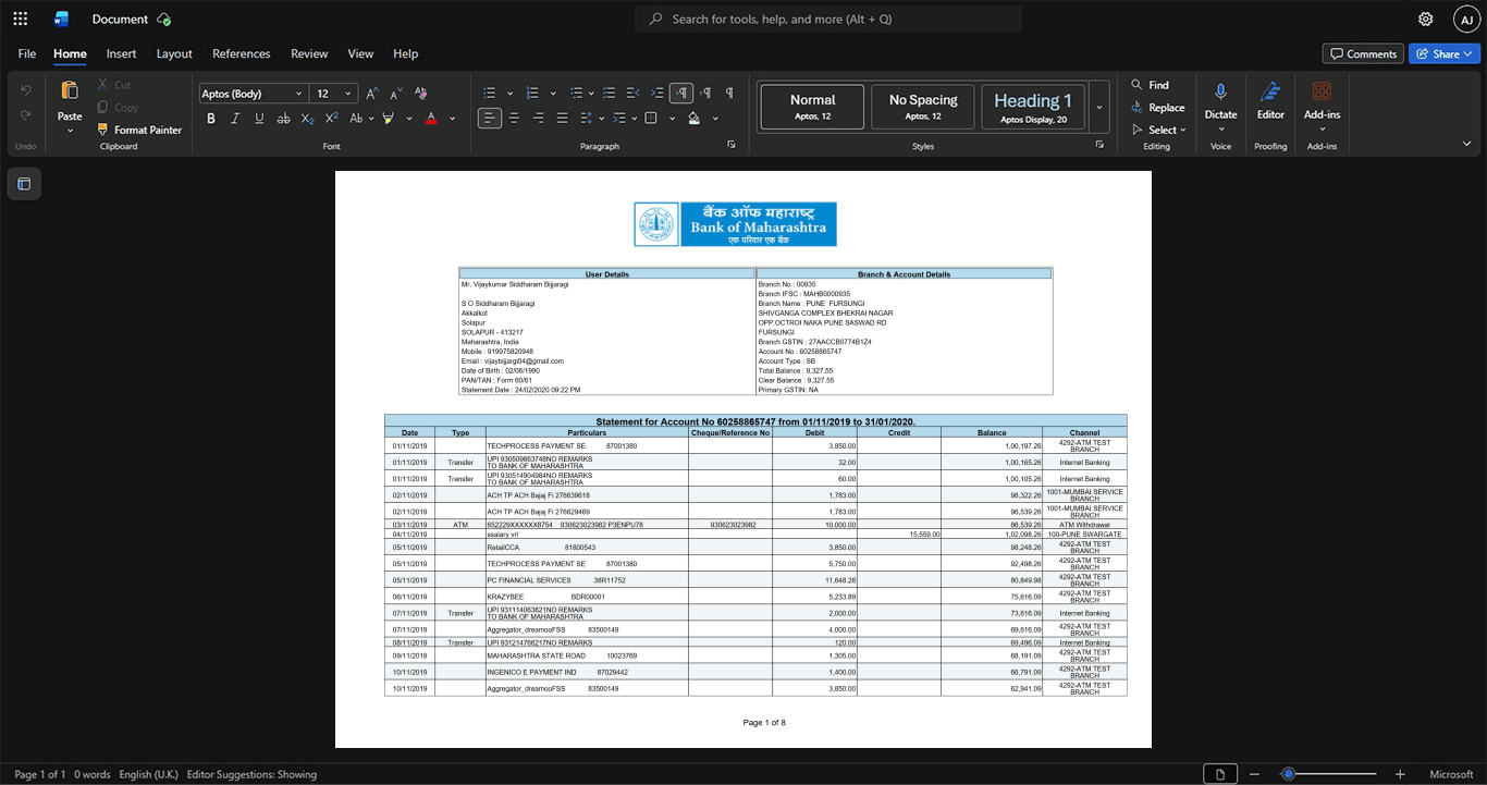 India Bank of Maharashtra Bank Statement Template, Print-ready template in Word and PDF