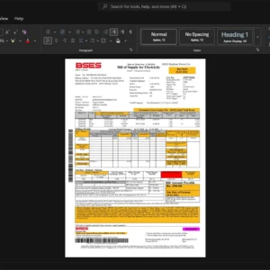 India BSES Electricity Bill Template, Professional document in Word and PDF format