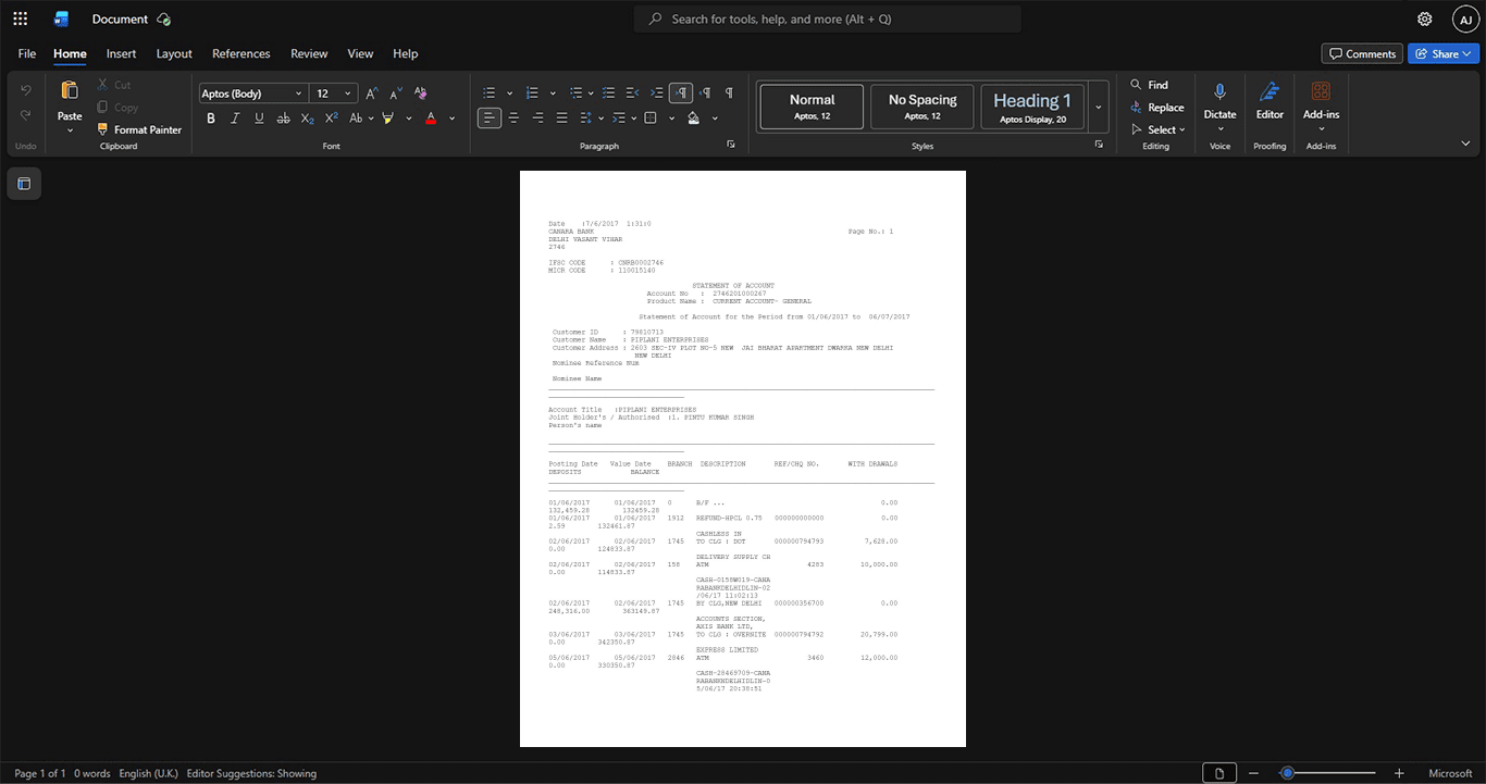 India Canara Bank Bank Statement Template, Print-ready in PDF layout
