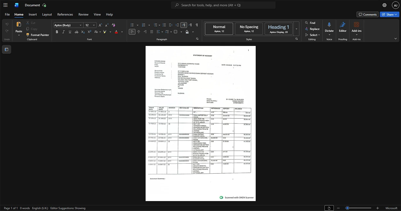 India Canara Bank Bank Statement Template, Standard printable layout in Word and PDF