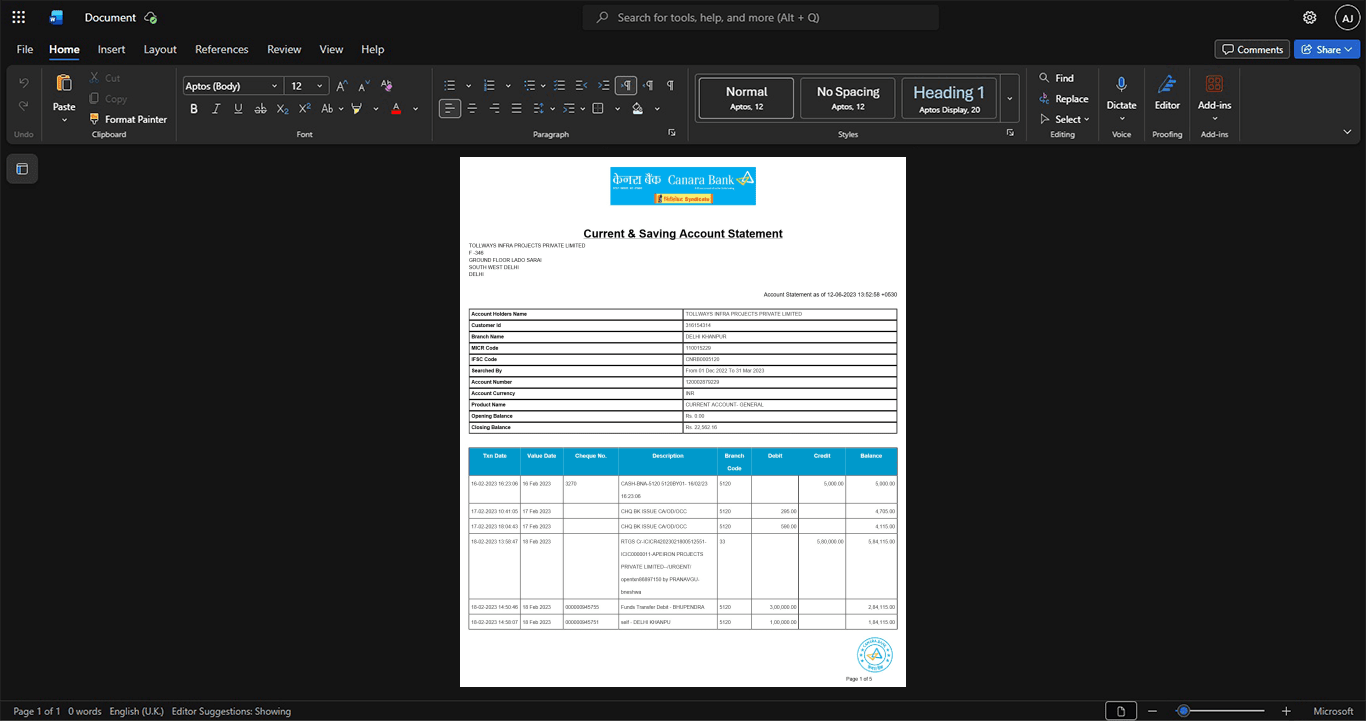 India Canara Bank Business Account Statement Template, Clean typography design in Word and PDF format