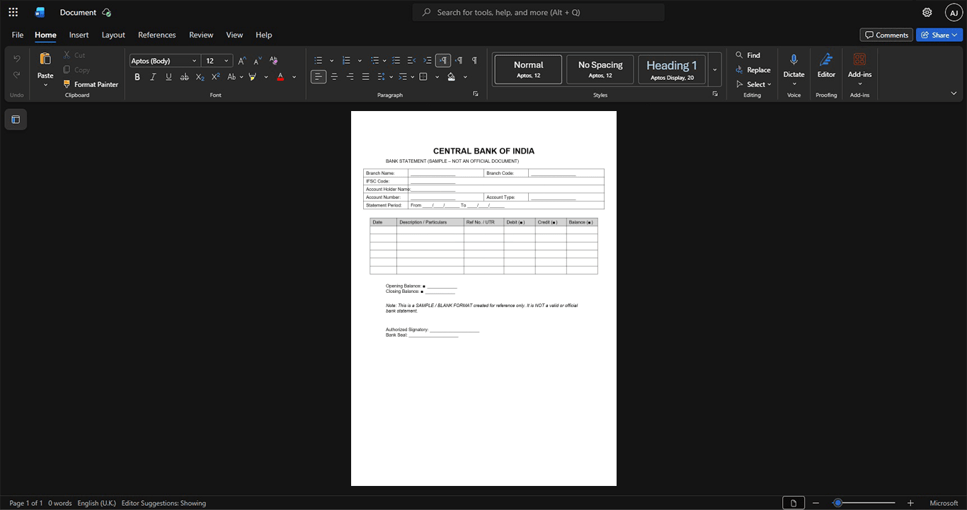 India Central Bank of India Bank Statement Template, Ready to print in Word and PDF format