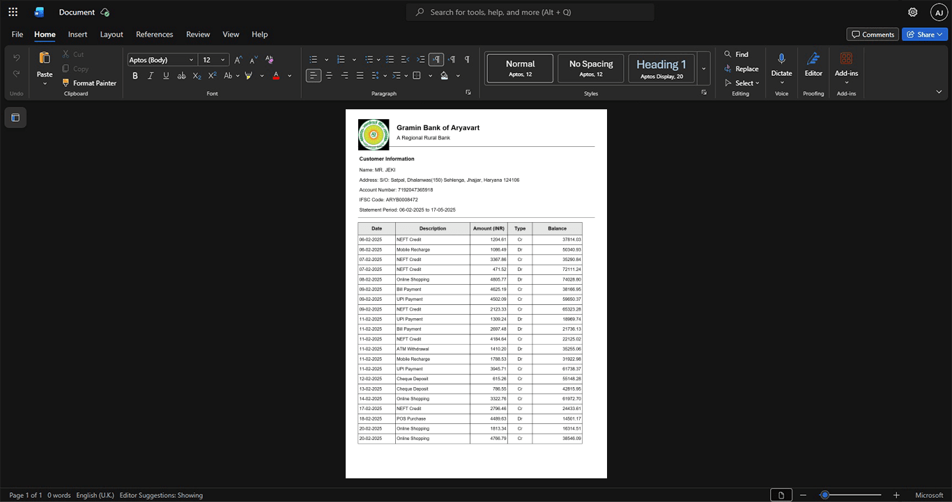 India Gramin Bank of Aryavart Bank Statement Template, Ready to print in Word and PDF format