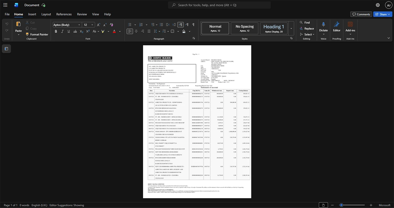 India HDFC Bank Bank Statement Template, printable document in Word and PDF format