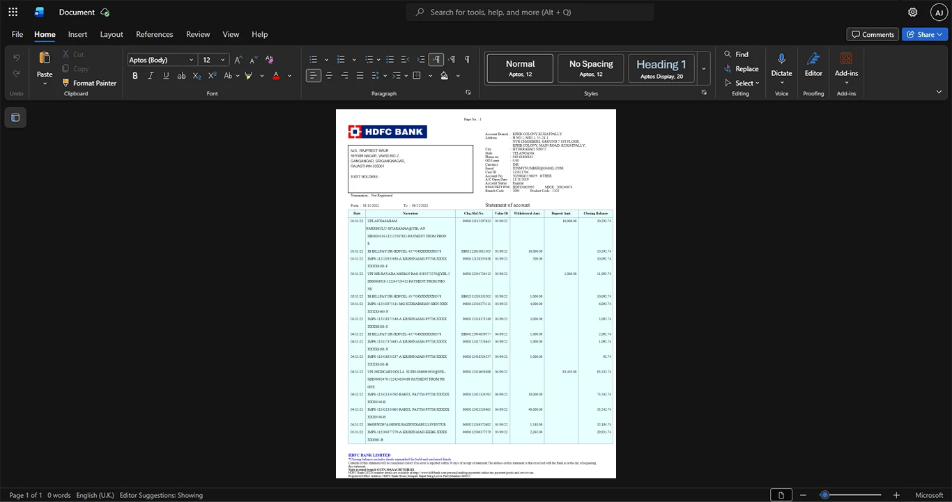 India HDFC Bank Bank Statement Template, Ready to use template in Word and PDF