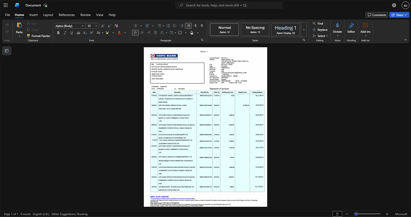 India HDFC Bank HDFC Bank Statement Template, Ready to use template in Word and PDF