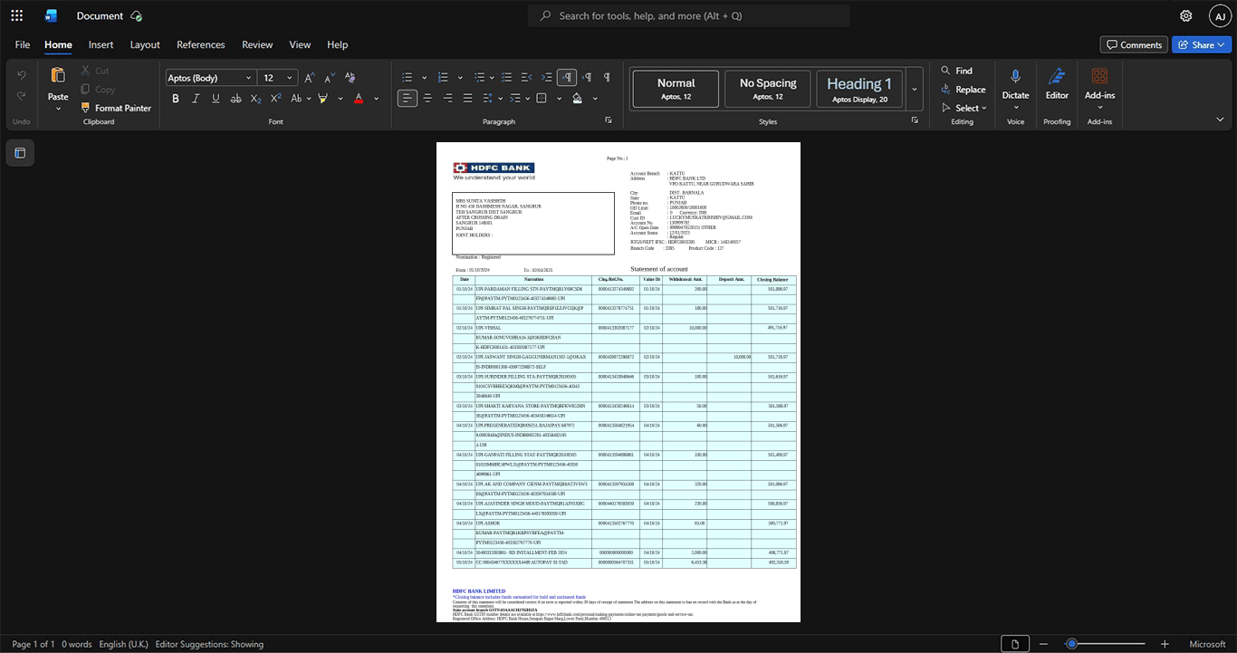 India HDFC Bank Limited HDFC Bank Statement Template, Fully structured template in Word and PDF format