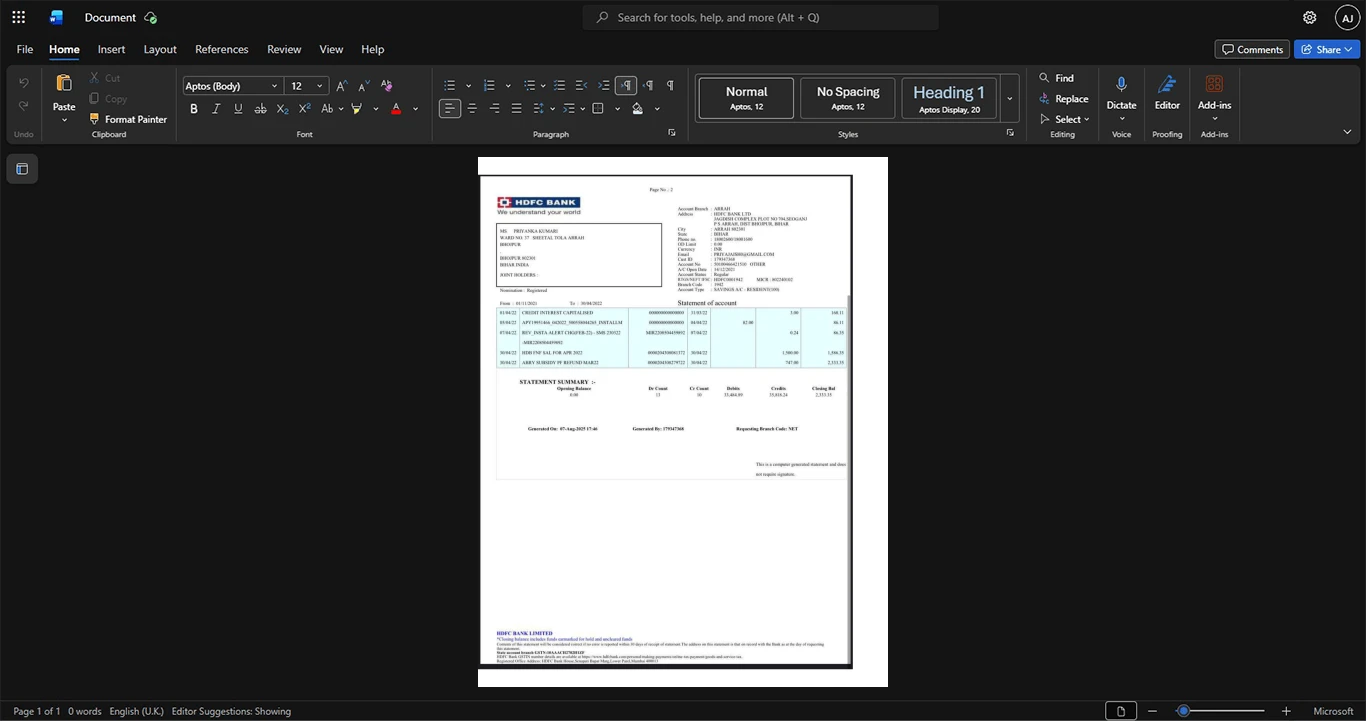 India HDFC Bank Limited HDFC Bank Statement Template, High-quality template in Word and PDF format