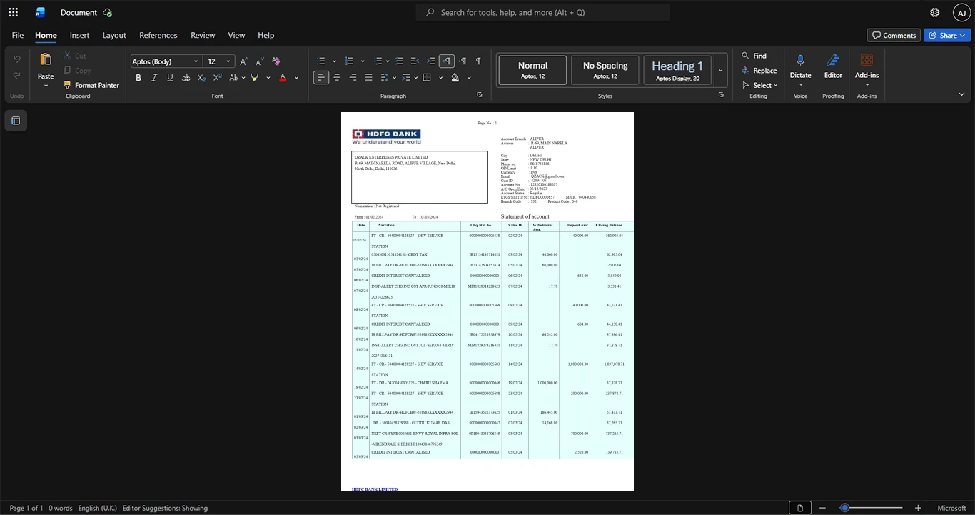 India HDFC Bank Limited HDFC Bank Statement Template, Standard layout in DOCX and PDF