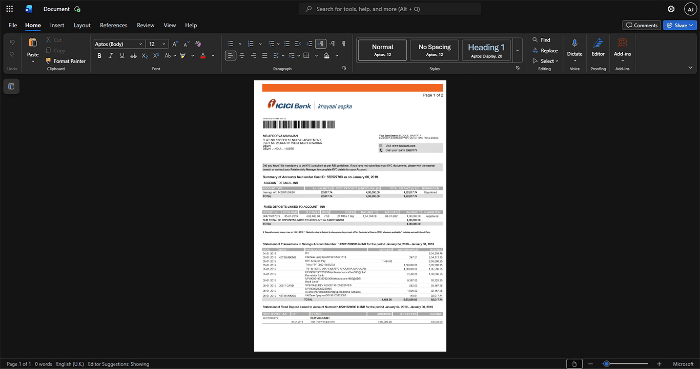 India ICICI Bank Bank Statement Template, Standard printable layout in Word and PDF