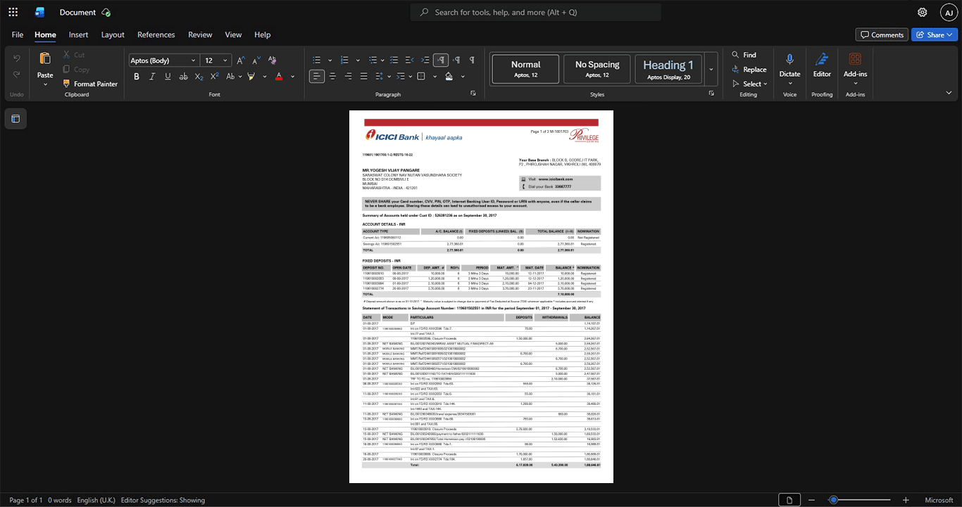 India ICICI Bank Bank Statement Template, printable document in Word and PDF format