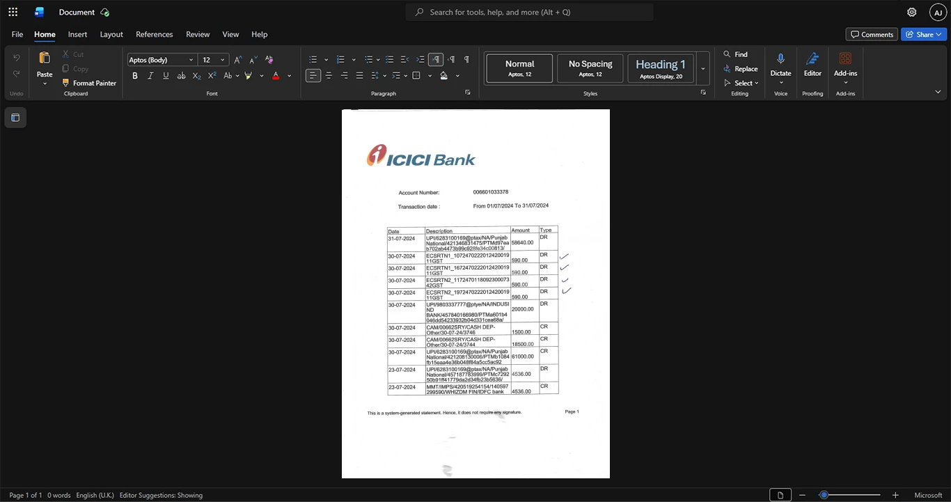 India ICICI Bank ICICI Bank Statement Template, Quick edit digital asset in Word and PDF