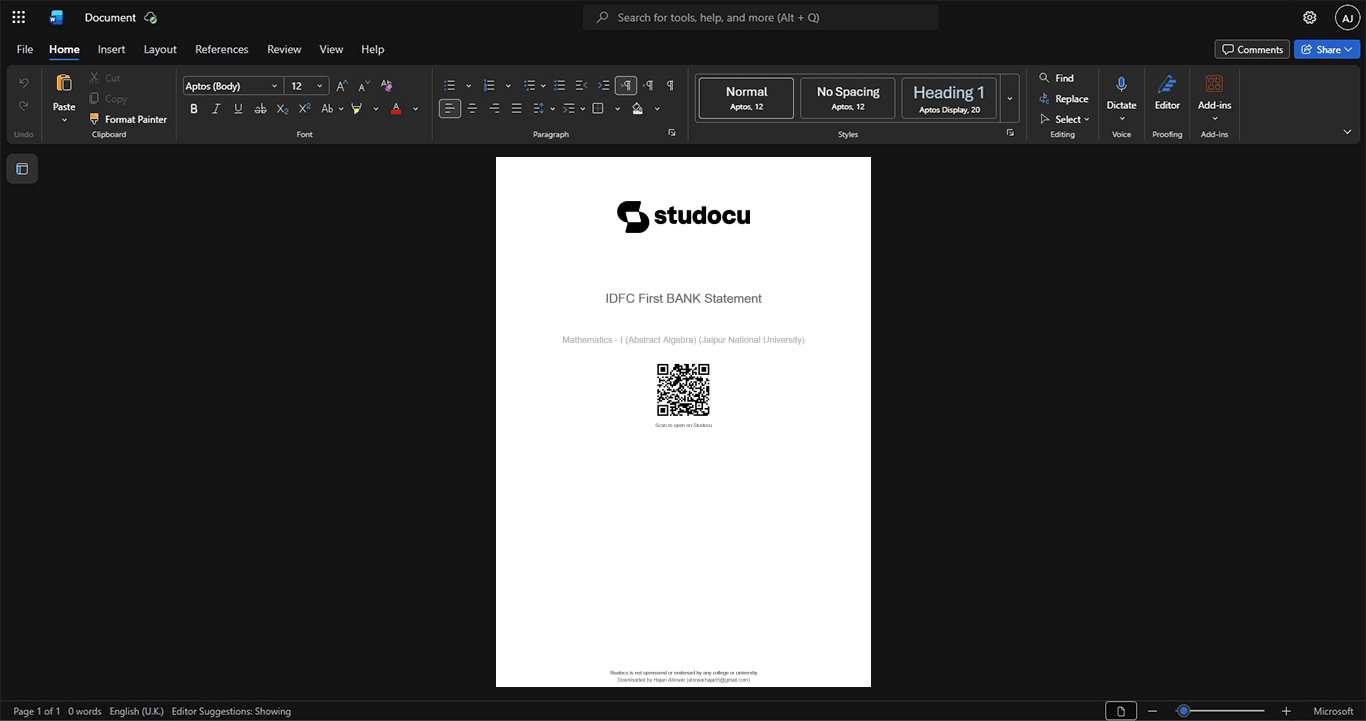 India IDFC First Bank Bank Statement Template, Digital download template in Word and PDF