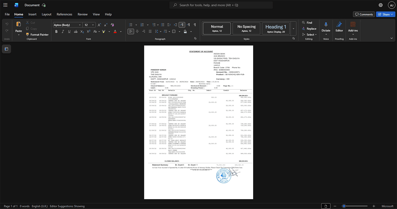 India Indian Bank Bank Statement Template, Corporate style document in Word and PDF formats