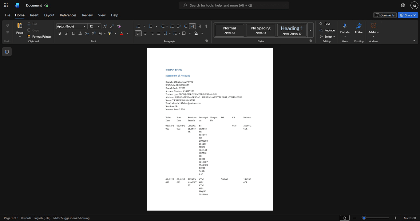 India Indian Bank Bank Statement Template, Fully structured template in Word and PDF format