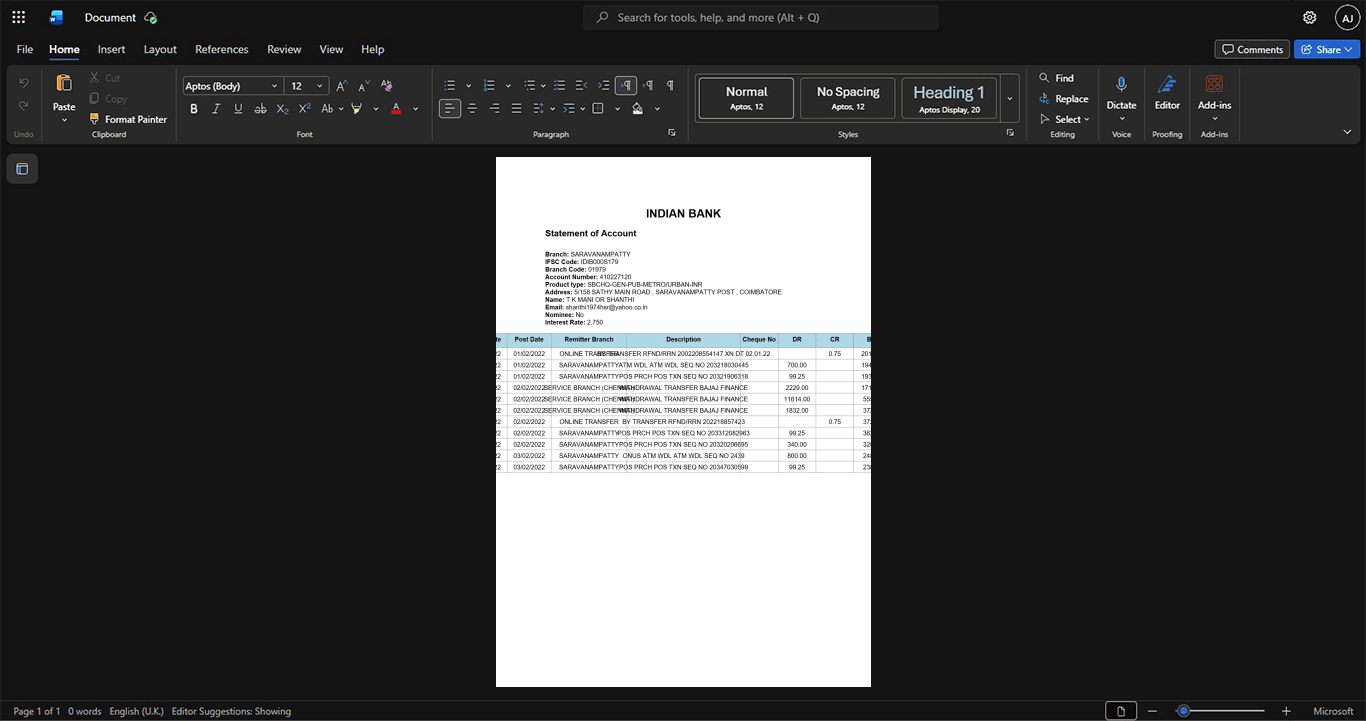 India Indian Bank Bank Statement Template, Corporate style document in Word and PDF formats