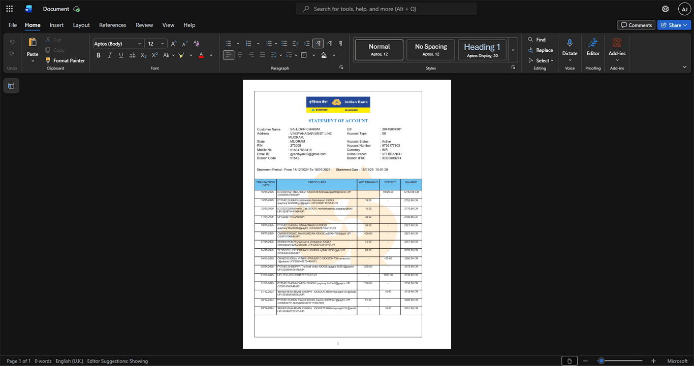 India Indian Bank Bank Statement Template, Customizable document in Word and PDF format