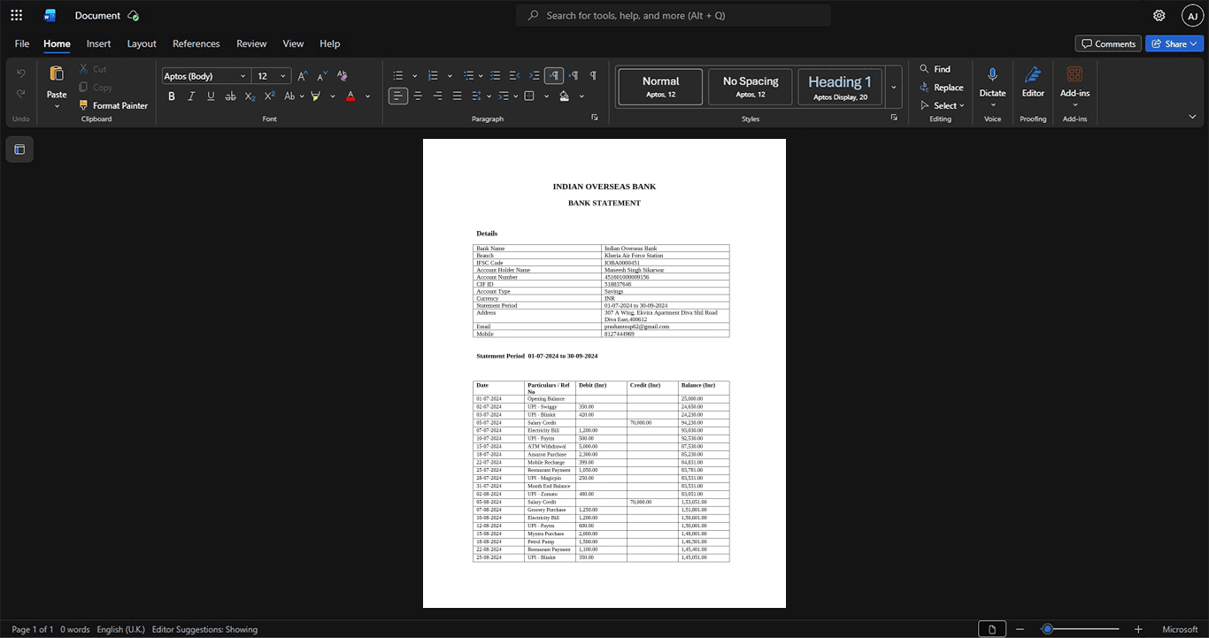 India Indian Overseas Bank Bank Statement Template, Digital download file preview