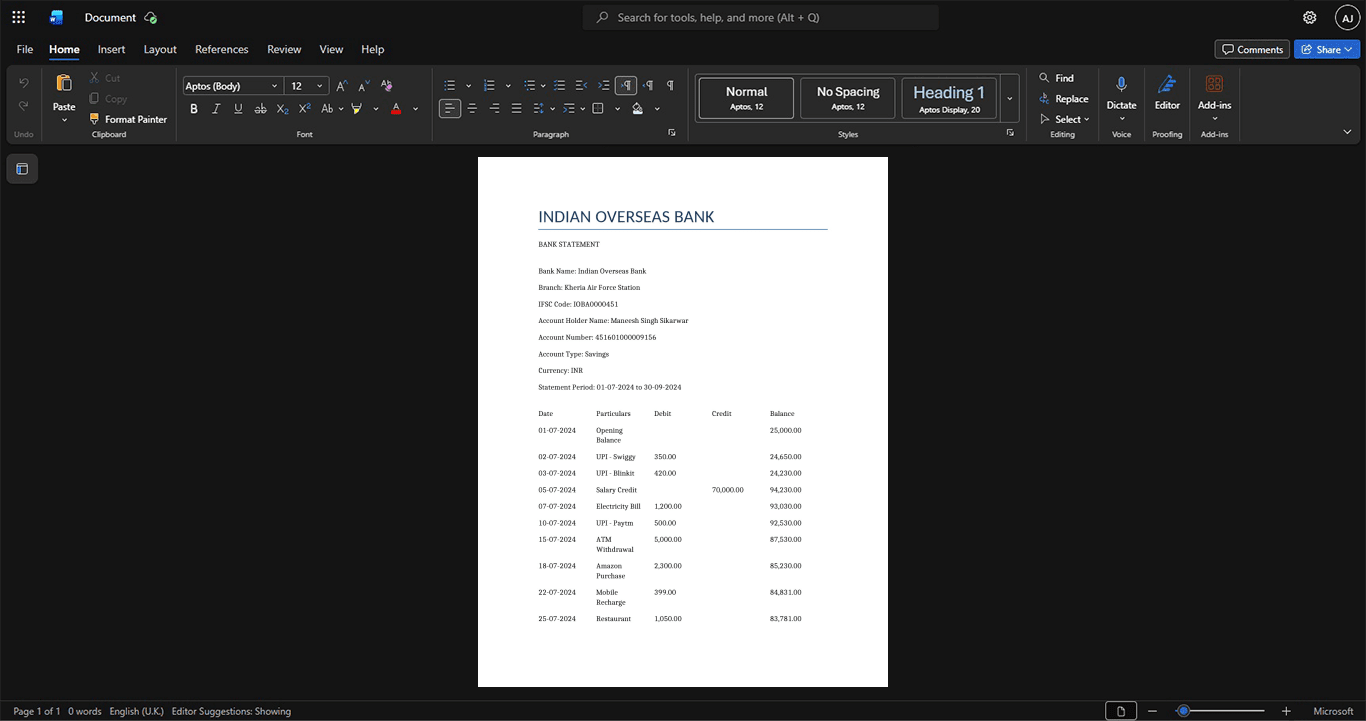 India Indian Overseas Bank IOB Bank Statement Template, Standard layout in DOCX and PDF