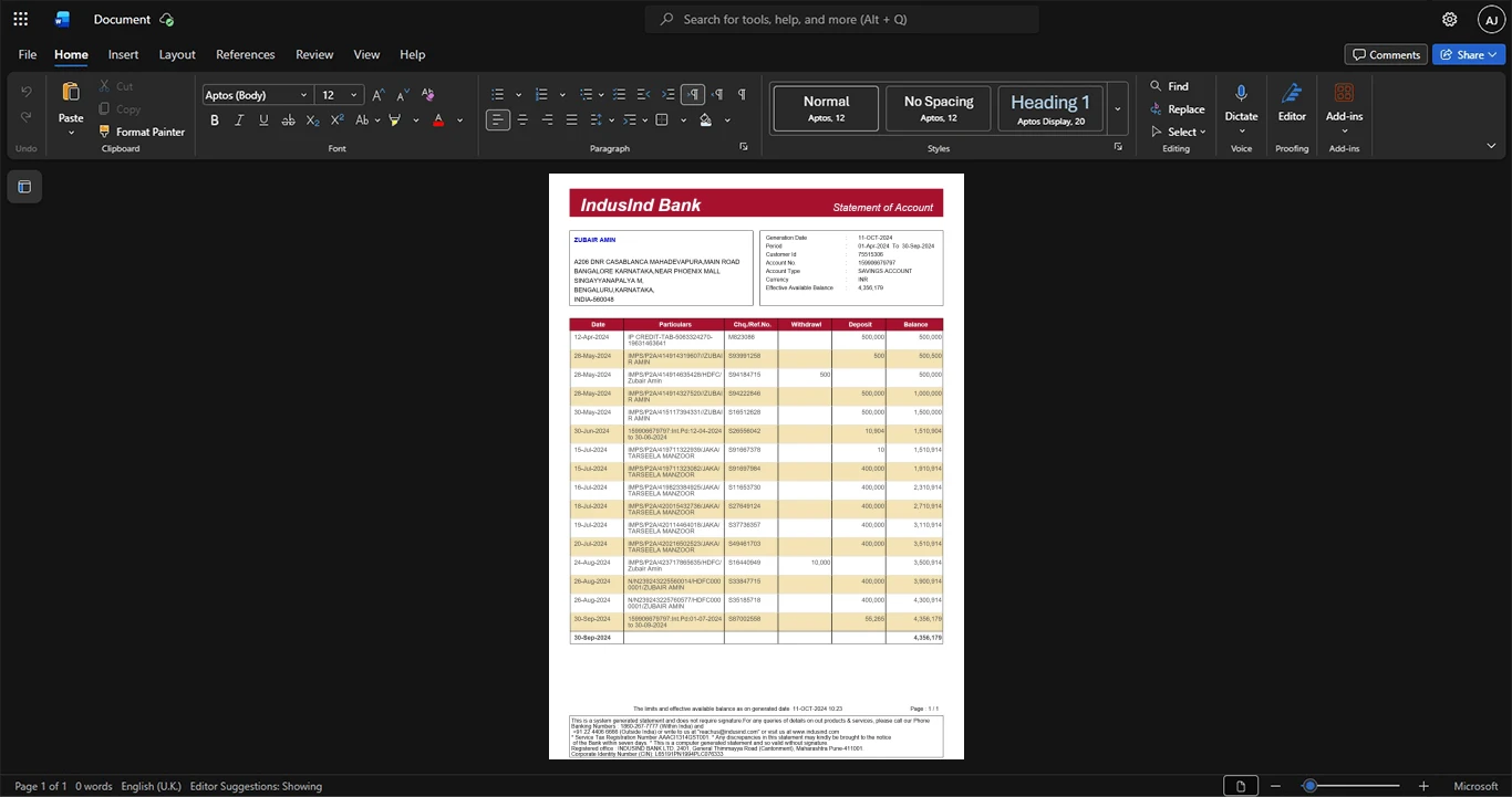 India IndusInd Bank Bank Statement Template, Premium editable file in Word and PDF formats