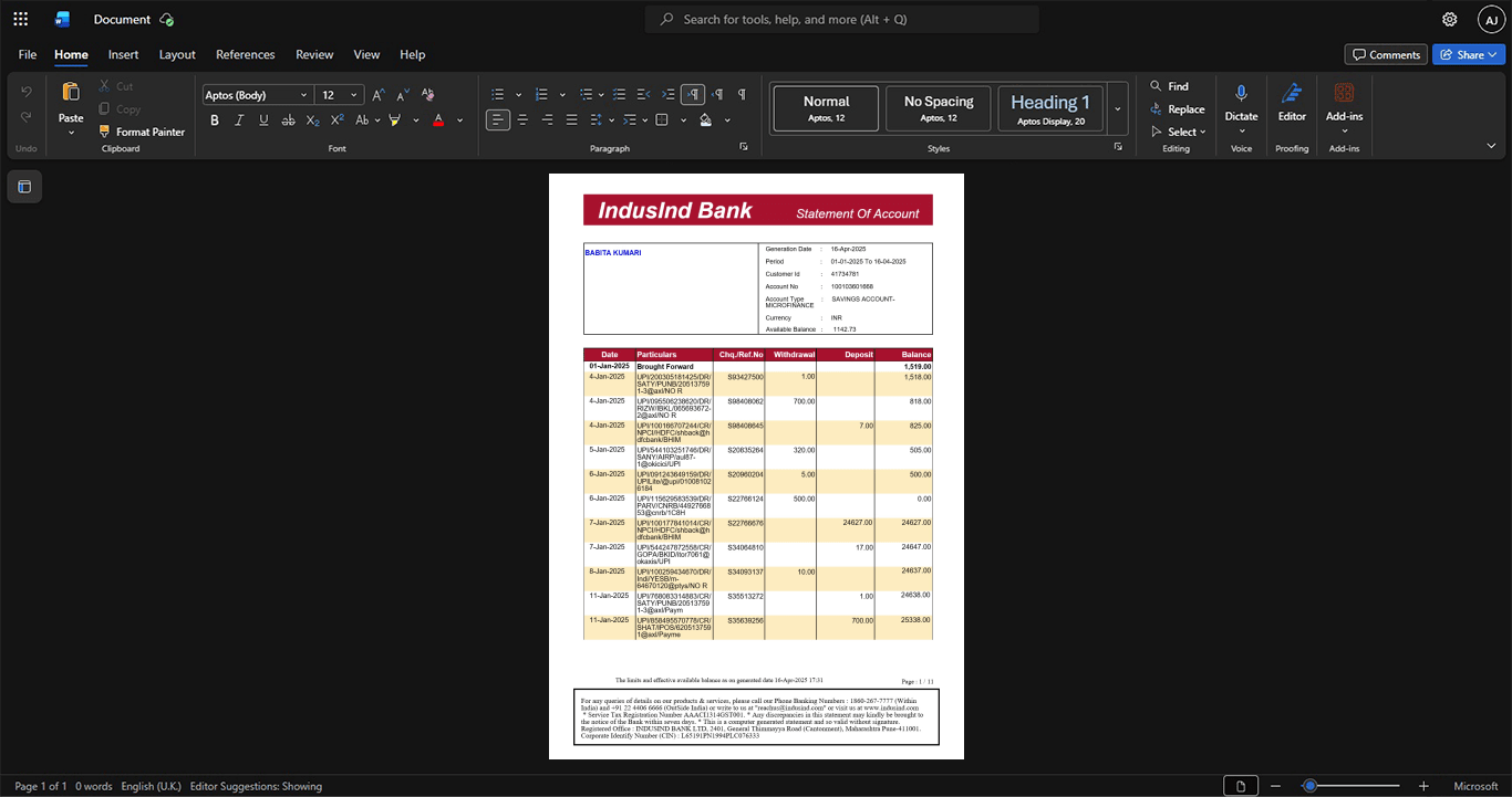 India IndusInd Bank Bank Statement Template, Ready to print in Word and PDF format