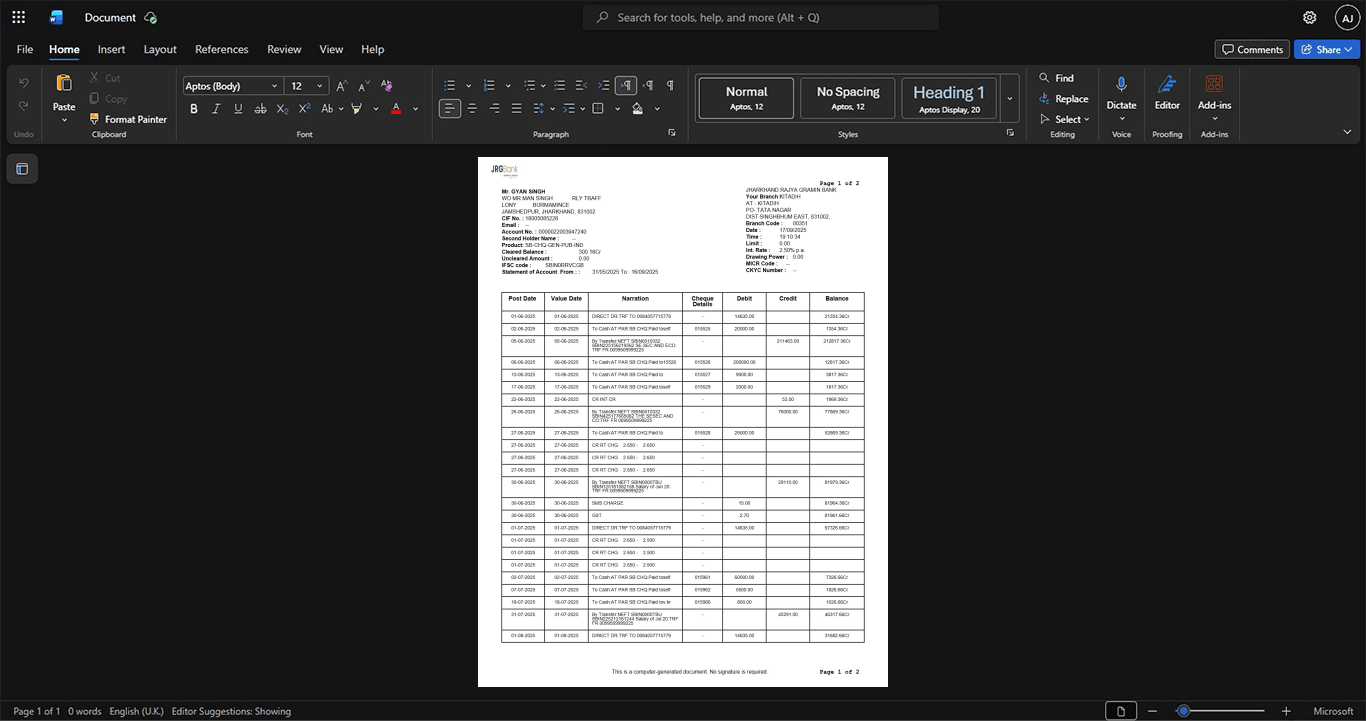 India Jharkhand Rajya Gramin Bank Bank Statement Template, Ready to use template in Word and PDF