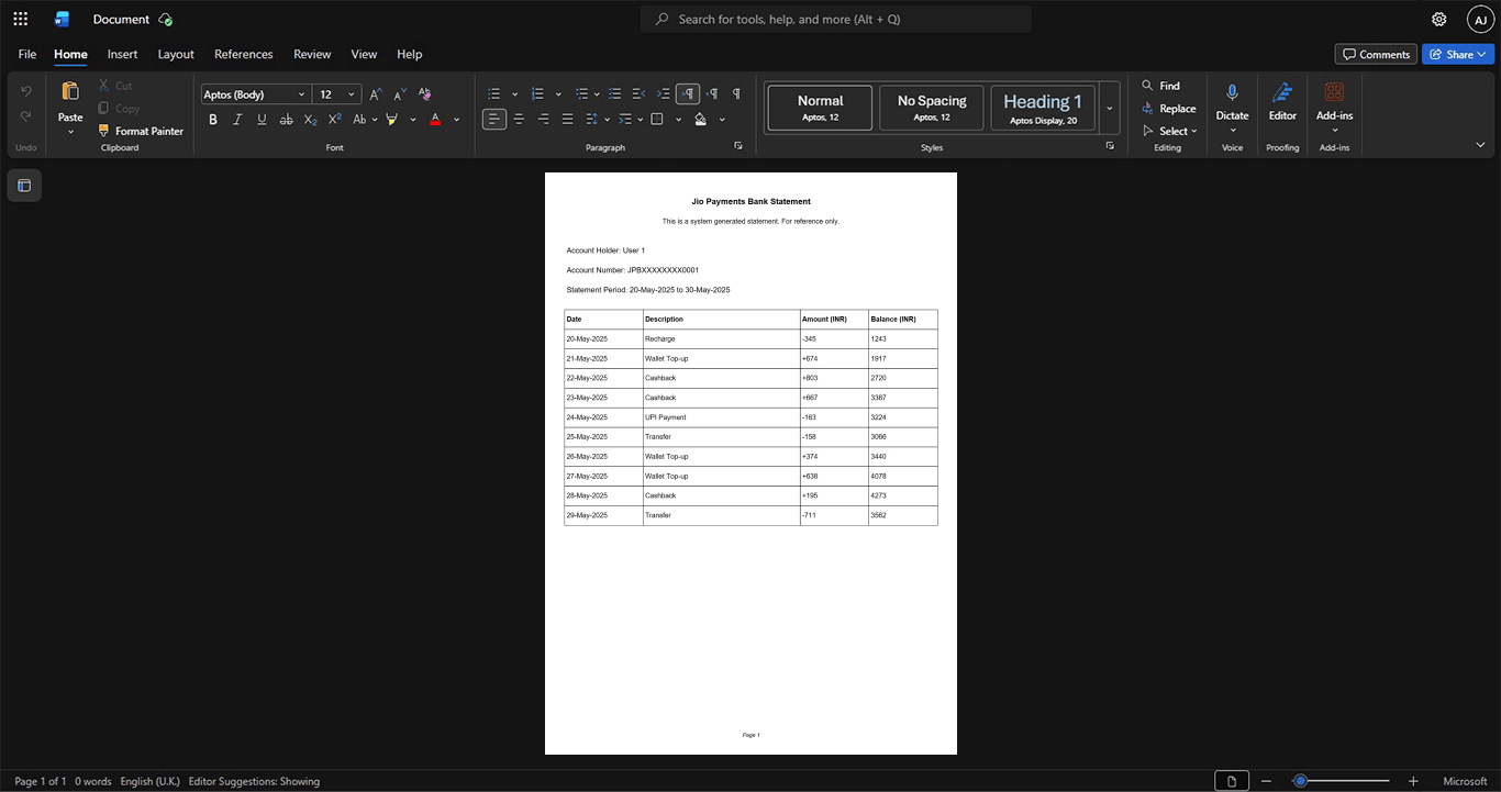 India Jio Payments Bank Bank Statement Template, Clean typography design in Word and PDF format