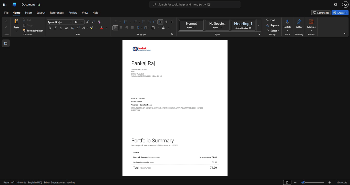 India Kotak Mahindra Bank Bank Statement Template, Customizable layout available in Word and PDF