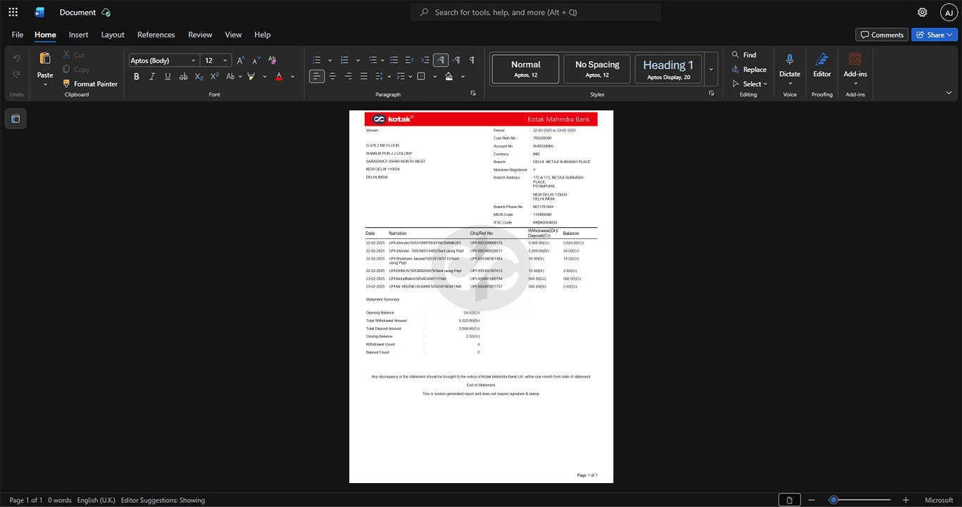 India Kotak Mahindra Bank Bank Statement Template, High-quality design in Word and PDF format
