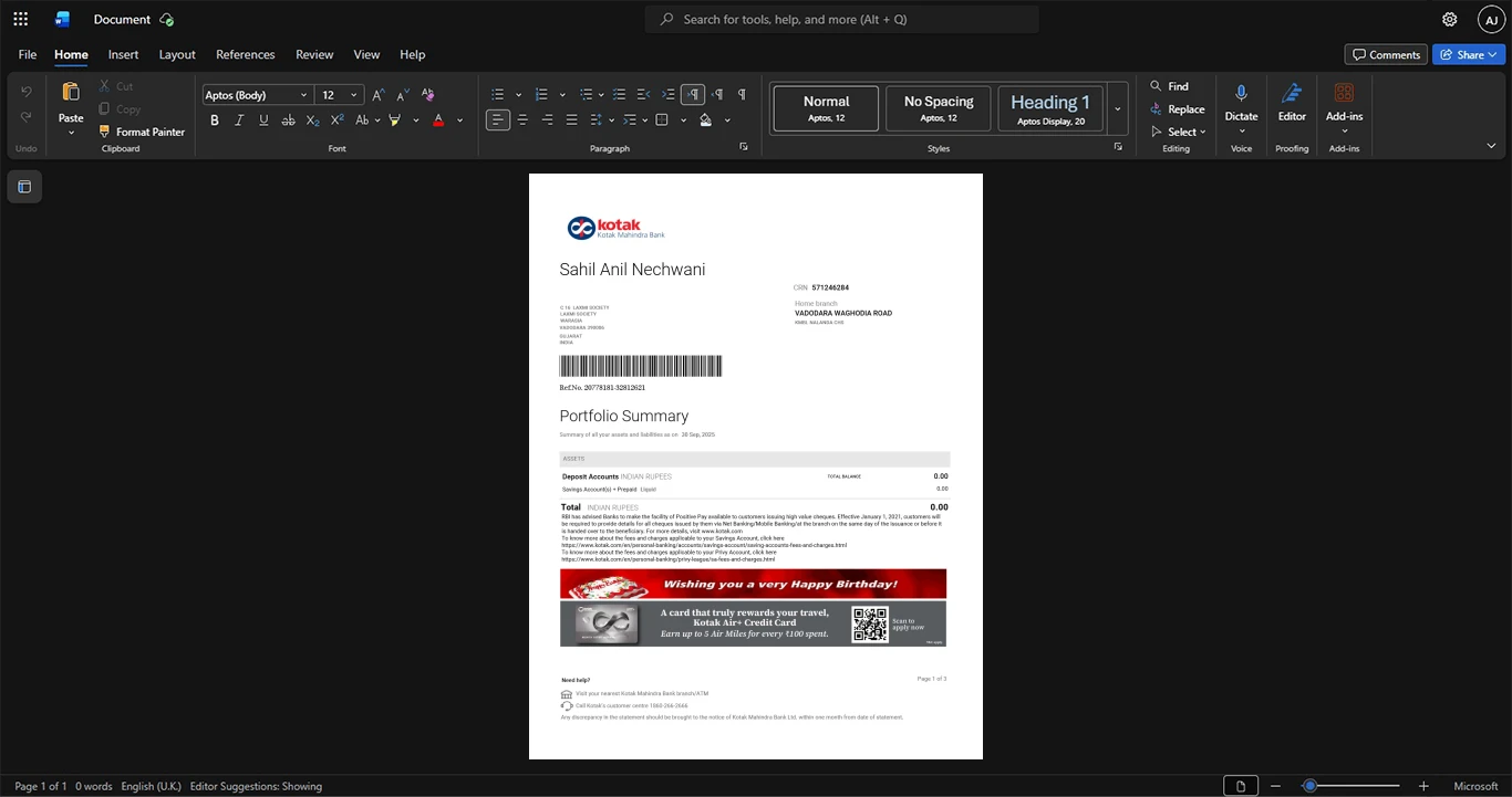 India Kotak Mahindra Bank Bank Statement Template, Available in editable Word and PDF format