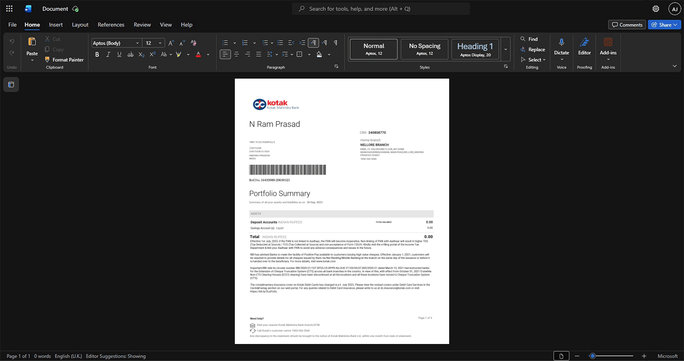 India Kotak Mahindra Bank Bank Statement Template, Print-ready template in Word and PDF