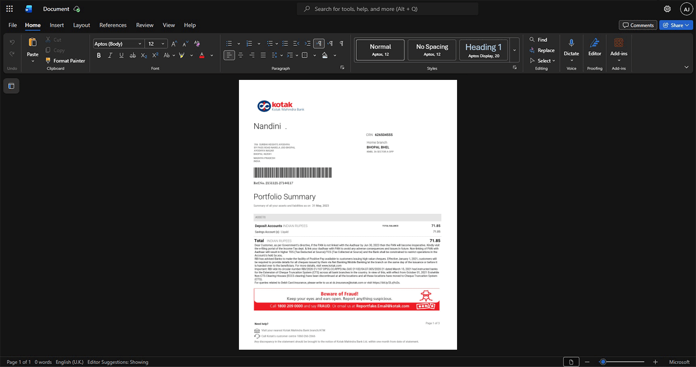 India Kotak Mahindra Bank Limited Bank Statement Template, Premium editable file in Word and PDF formats