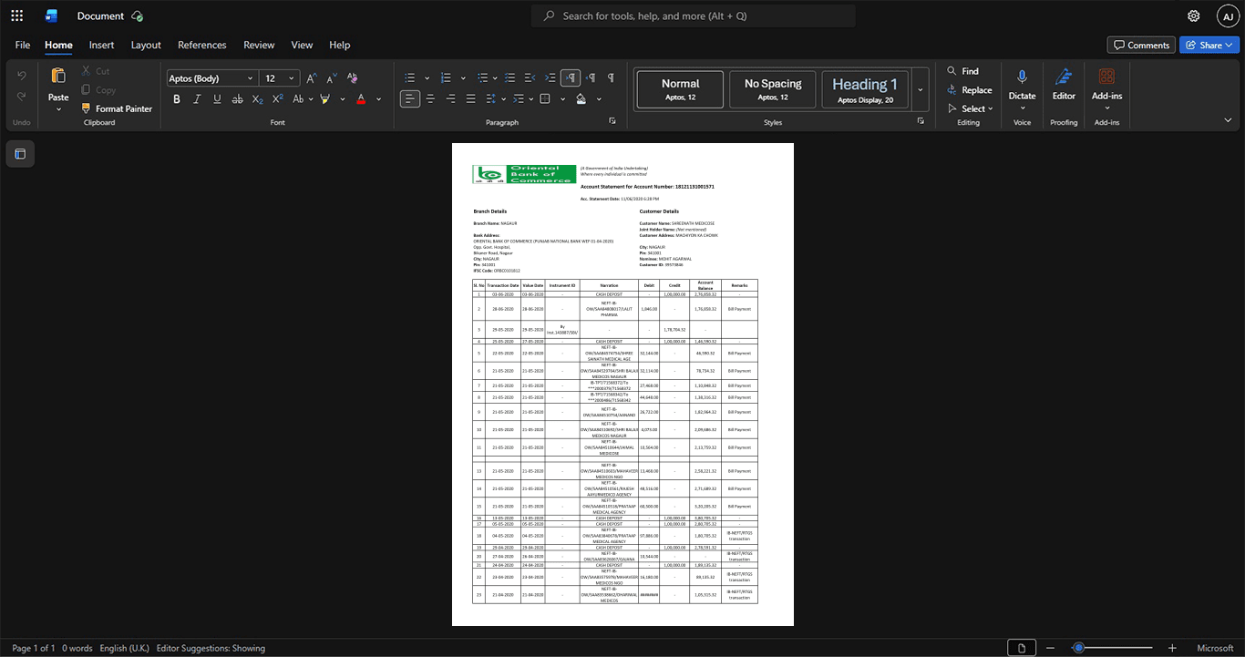 India Oriental Bank of Commerce Bank Statement Template, Standard layout in DOCX and PDF