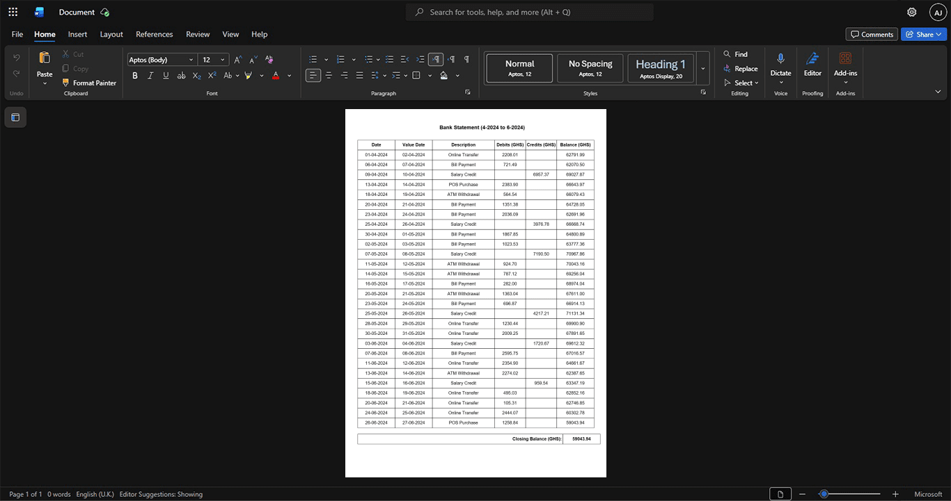 India South Indian Bank Bank Statement Template, Fully structured template in Word and PDF format