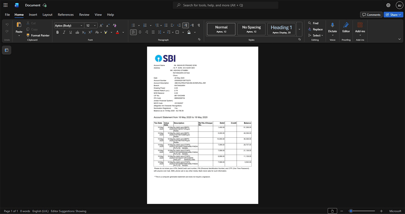 India State Bank of India SBI Bank Statement Template, Customizable layout available in Word and PDF