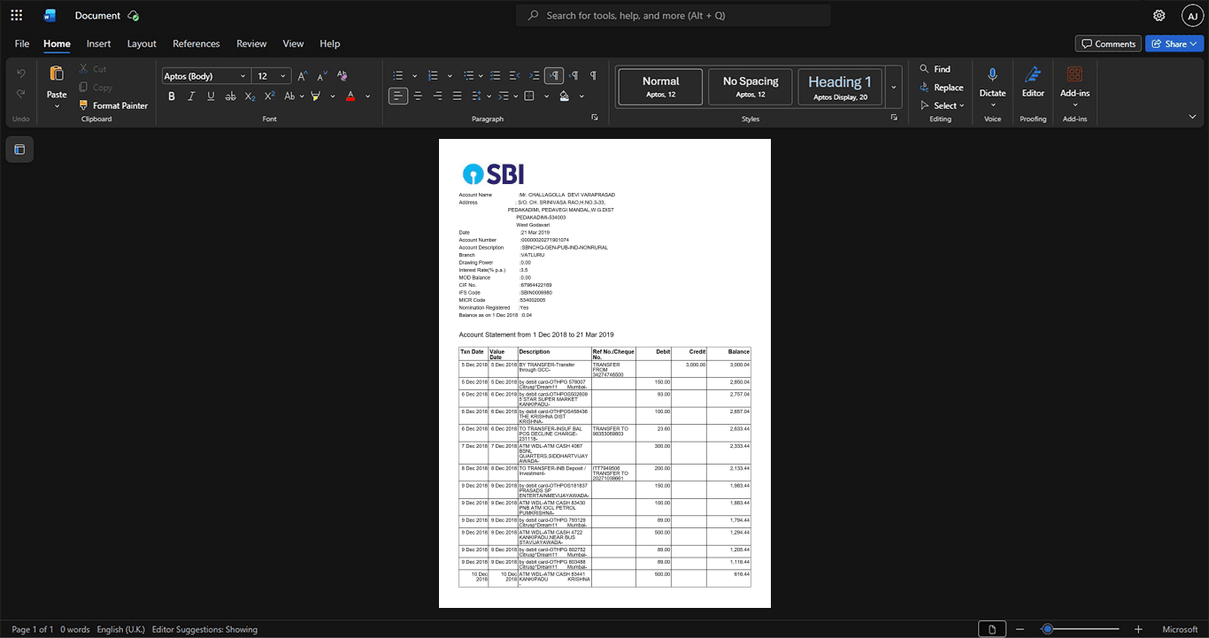India State Bank of India SBI Bank Statement Template, printable document in Word and PDF format