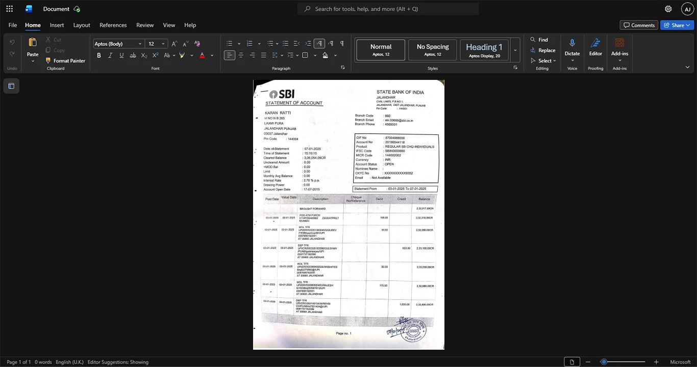 India State Bank of India SBI Bank Statement Template, printable document in Word and PDF format