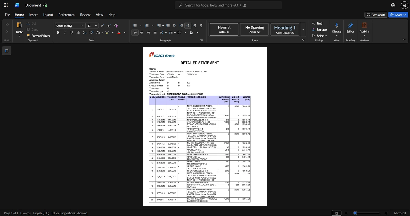 India State Bank of India SBI Bank Statement Template, printable document in Word and PDF format