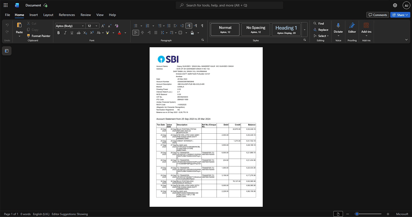India State Bank of India SBI Bank Statement Template, Clean typography design in Word and PDF format