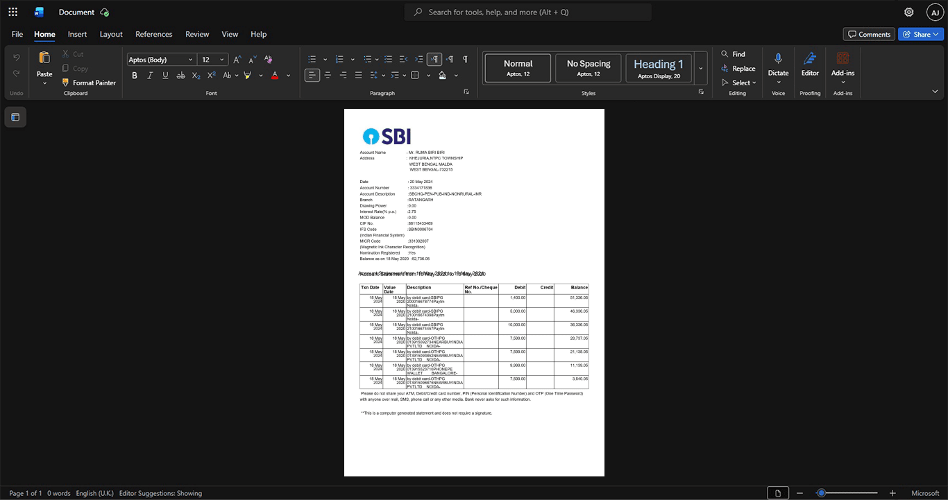 India State Bank of India SBI Bank Statement Template, Ready to print in Word and PDF format
