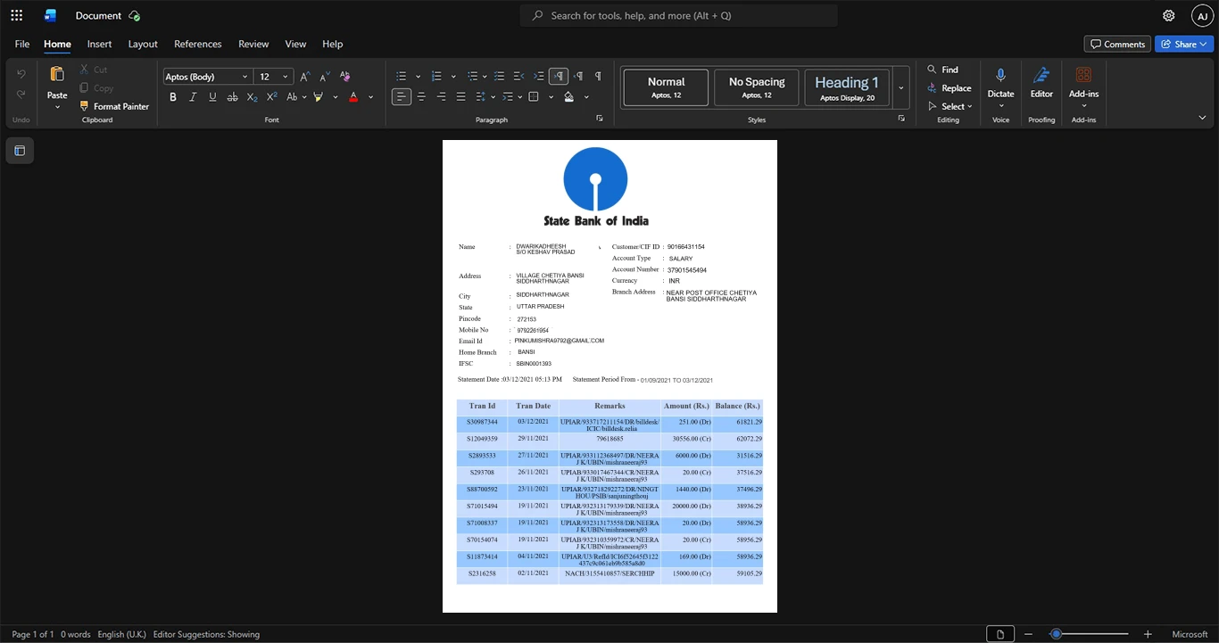 India State Bank of India SBI Bank Statement Template, Customizable document in Word and PDF format