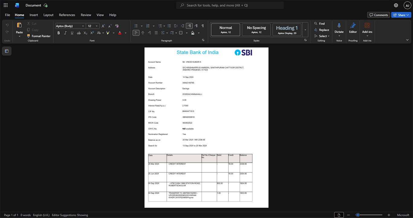 India State Bank of India SBI Bank Statement Template, Digital download template in Word and PDF