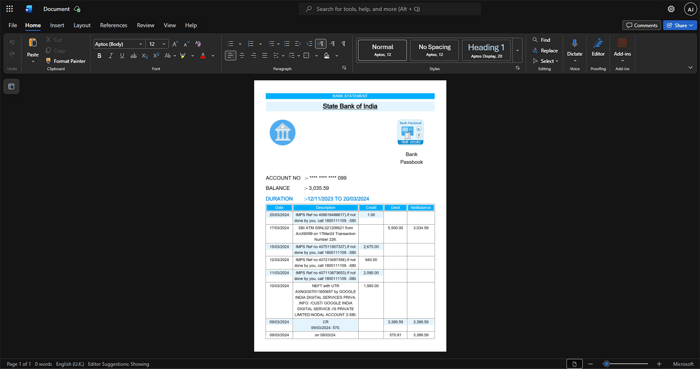 India State Bank of India SBI Bank Statement Template, Blank template in Word and PDF format