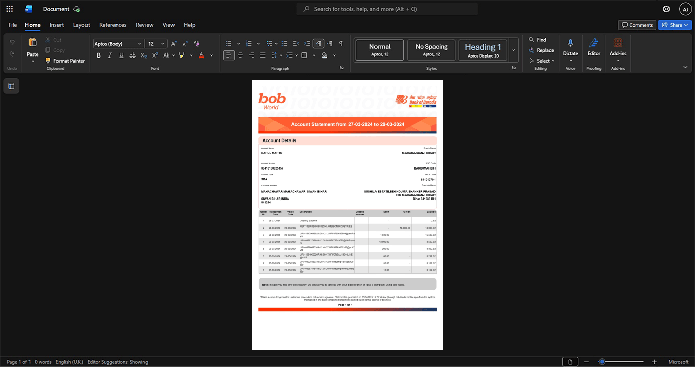 India Union Bank of India Bank Statement Template, High-quality template in Word and PDF format