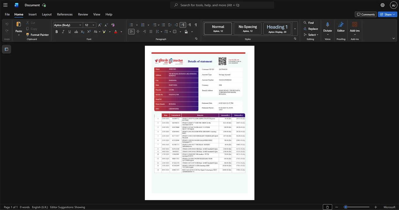 India Union Bank of India Bank Statement Template, High-quality template in Word and PDF format