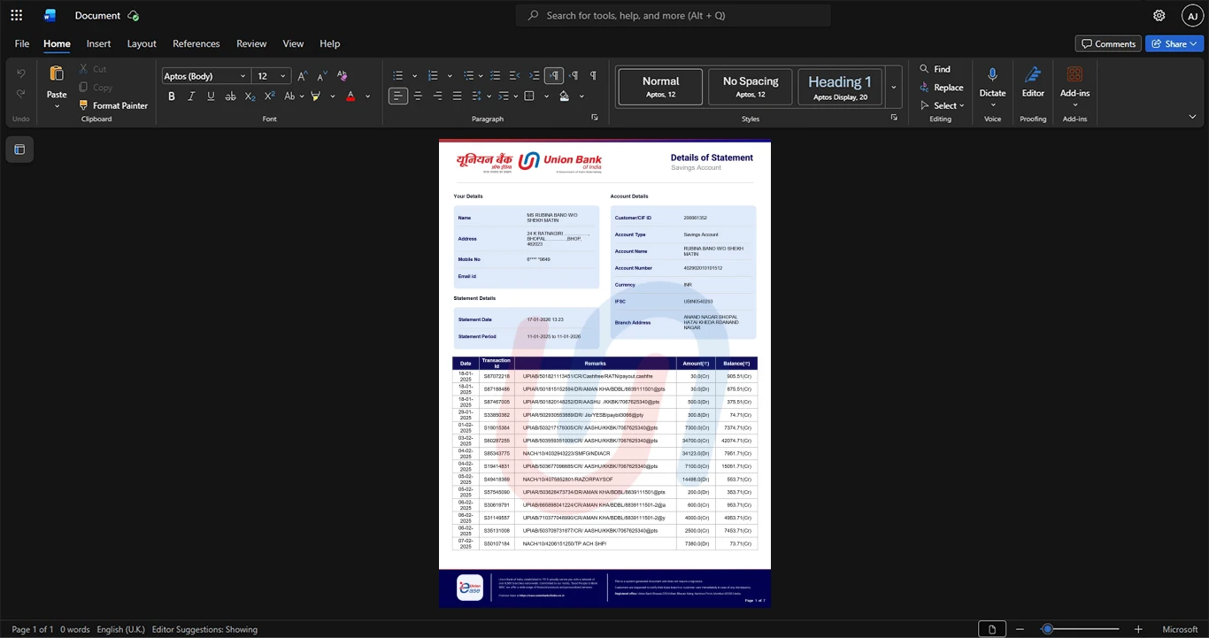 India Union Bank of India Bank Statement Template, Blank template in Word and PDF format