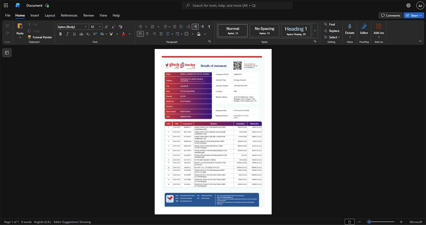 India Union Bank of India Bank Statement Template, Ready to use template in Word and PDF