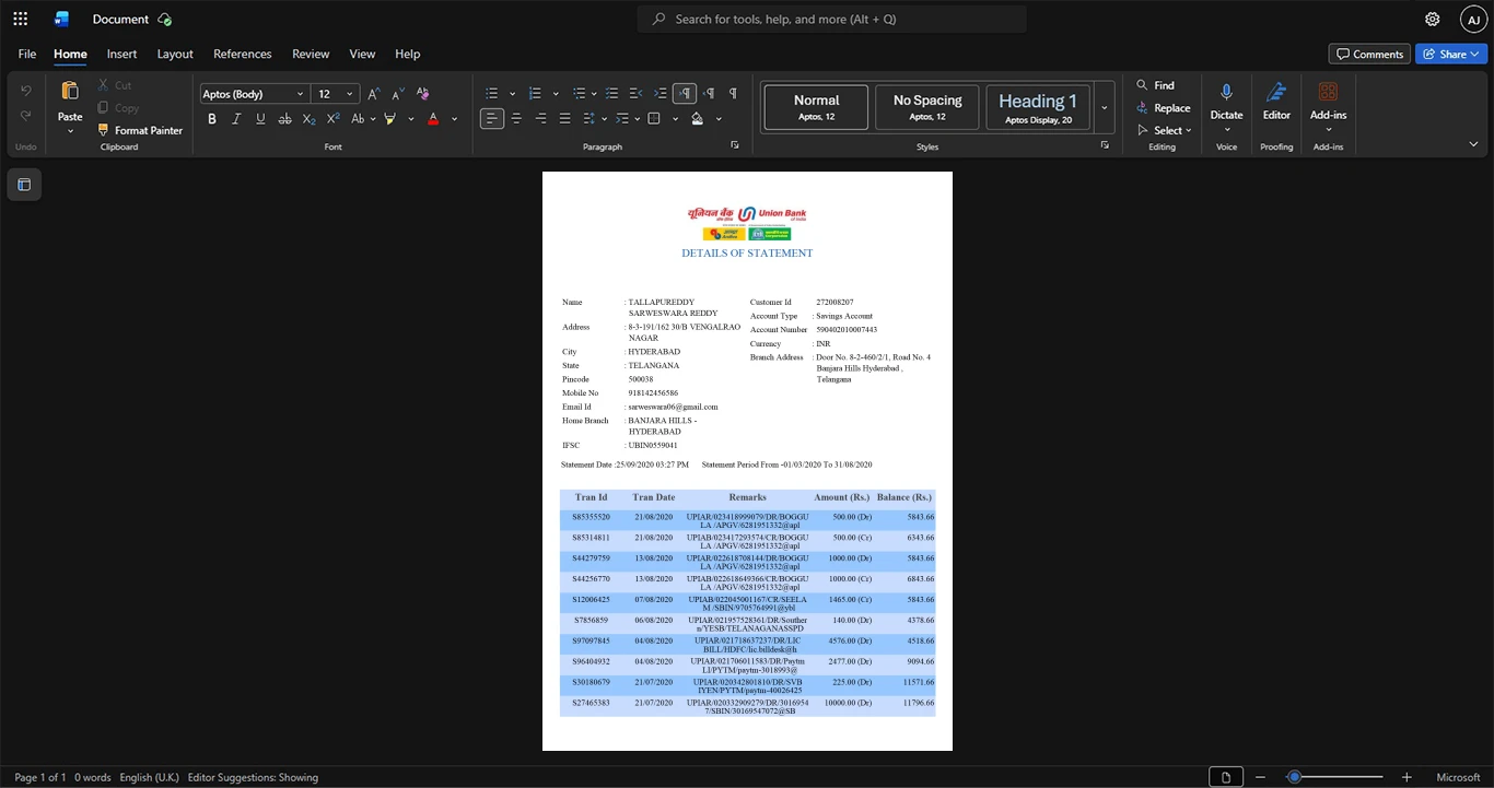 India Union Bank of India Bank Statement Template, Clean typography design in Word and PDF format